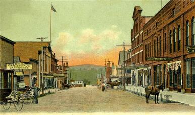 An old painting of a decades-old Farmington main street, with horse-drawn carriages passing between brick and wood buildings.
